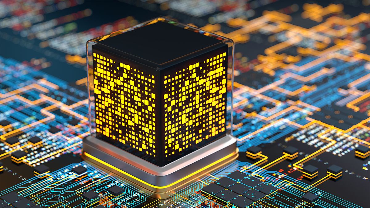 Quantum computing concept image showing CPU and computing chip on a circuit board.