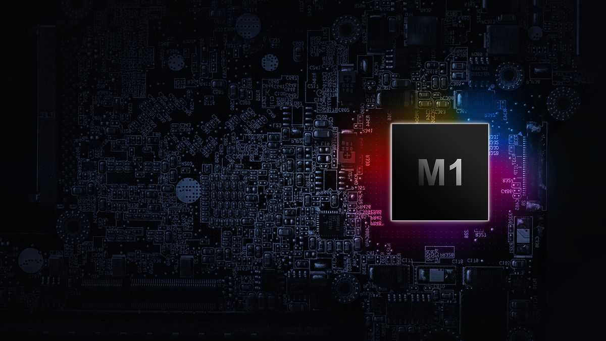 Apple M-series chips concept image showing Apple M1 branding on a GPU circuit board.