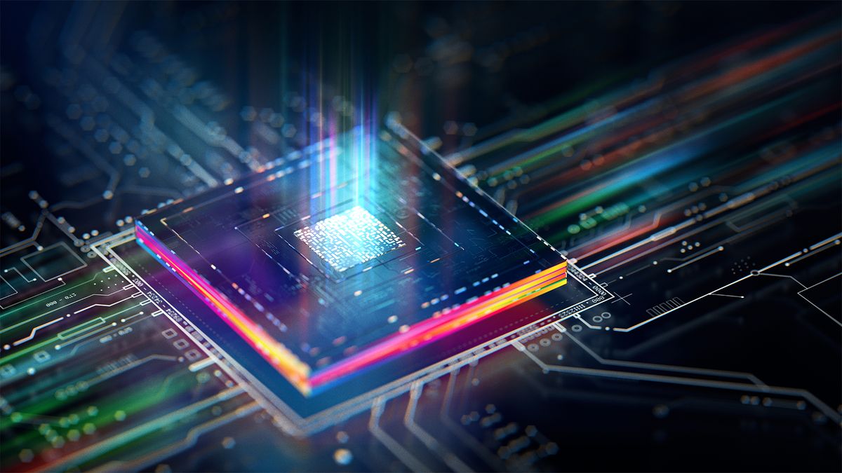 Quantum Computing concept art showing a quantum CPU on a motherboard.