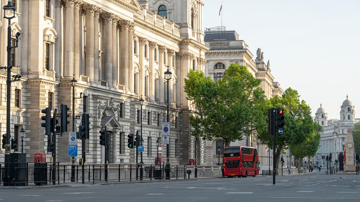Whitehall, the home of UK public sector and government bodies, pictured at sunrise.