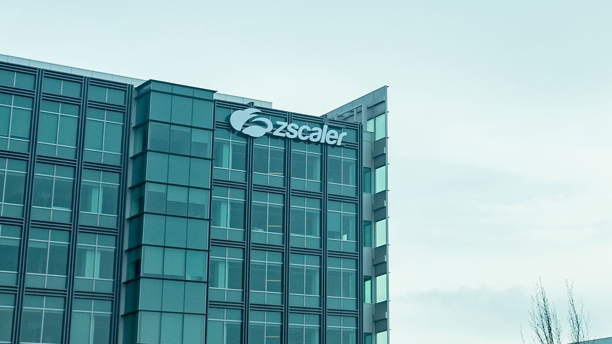 Zscaler logo pictured on the company headquarters in Silicon Valley, USA.