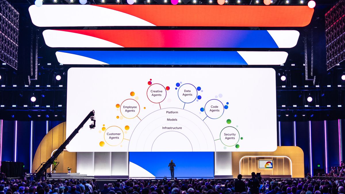 Thomas Kurian, CEO at Google Cloud, stood on the keynote stage at Google Cloud Next 2024 against the backdrop of a list of Vertex AI Agents.