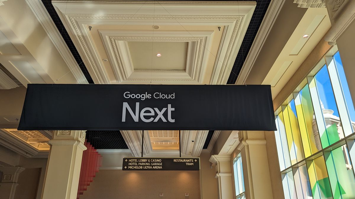 The Google Cloud logo on a banner at Google Cloud Next 2024, hosted at Mandalay Bay, Las Vegas.