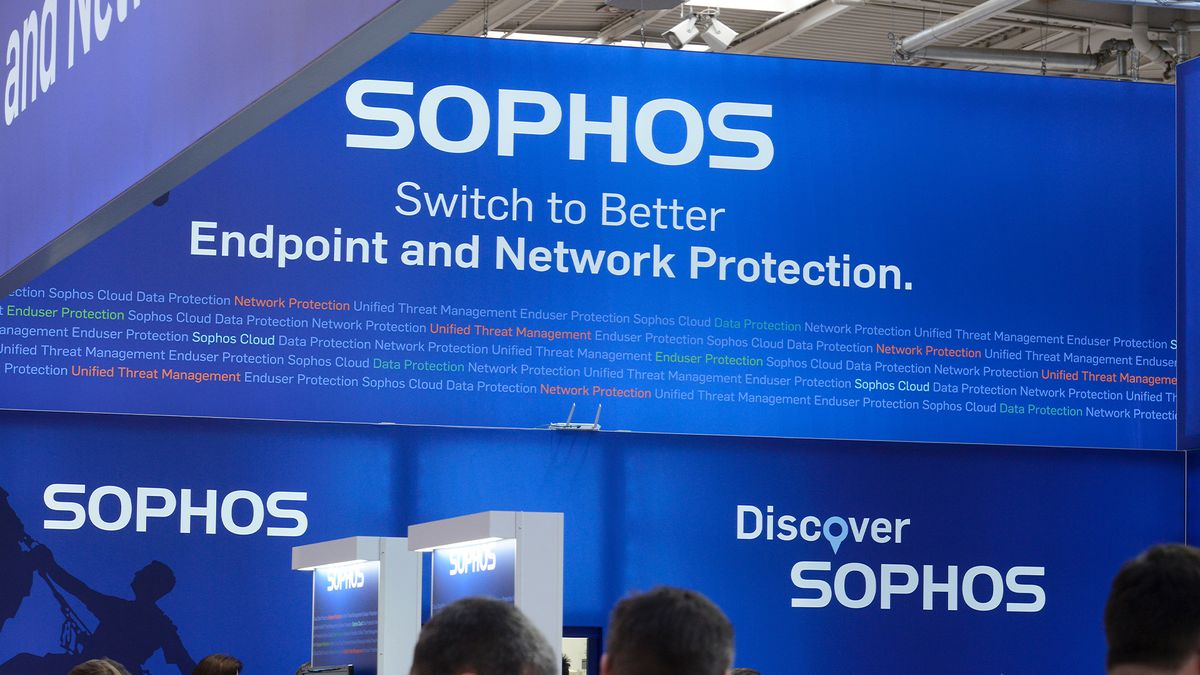 Sophos branding and logo pictured on a vendor stand at a technology conference in Hannover, Germany.