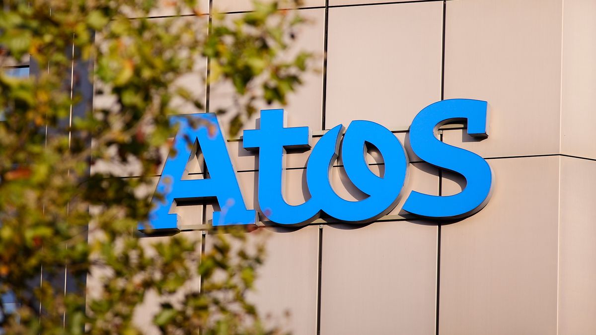 Atos logo pictured in blue lettering on one of its office in Zurich, Switzerland.